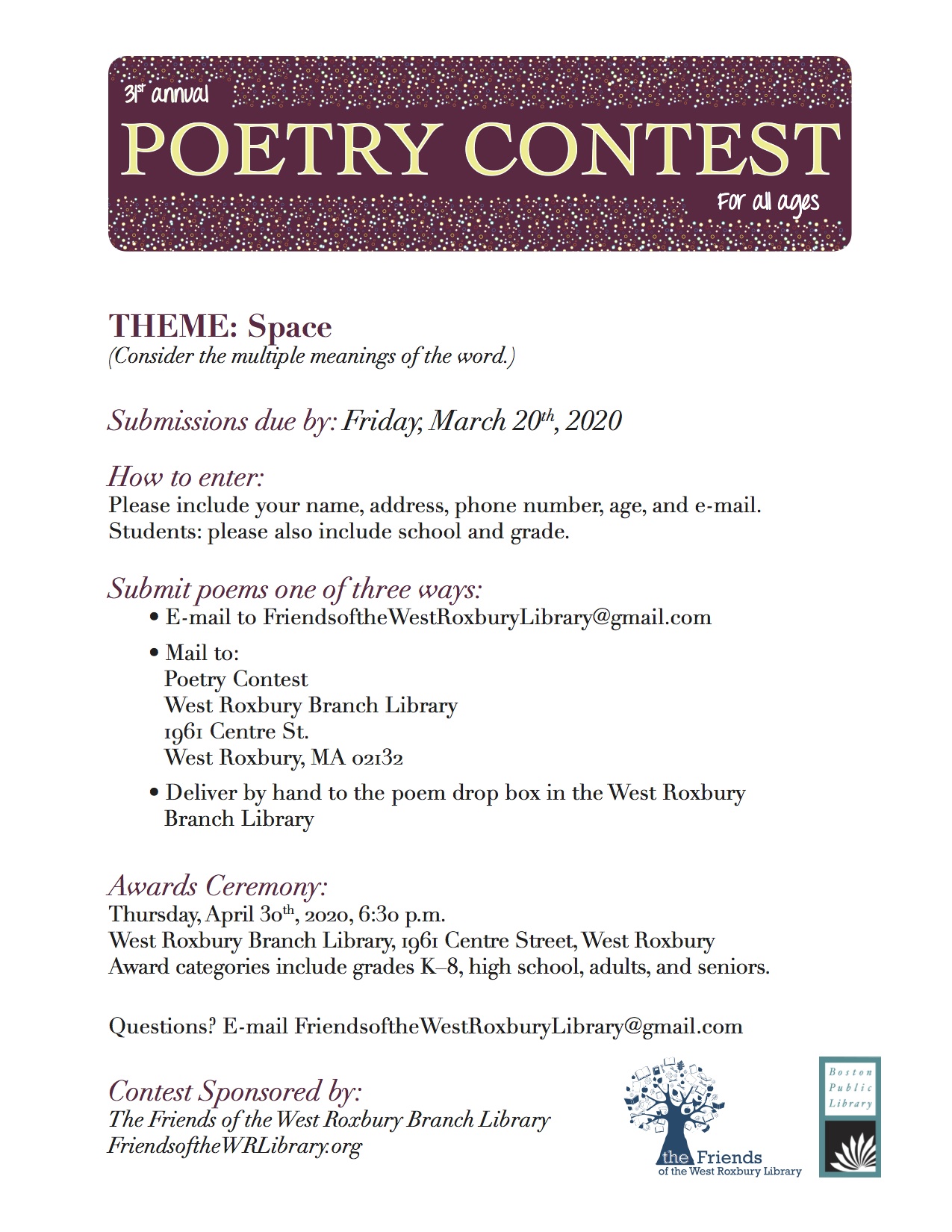 31st Annual Poetry Contest for All Ages Friends of the West Roxbury
